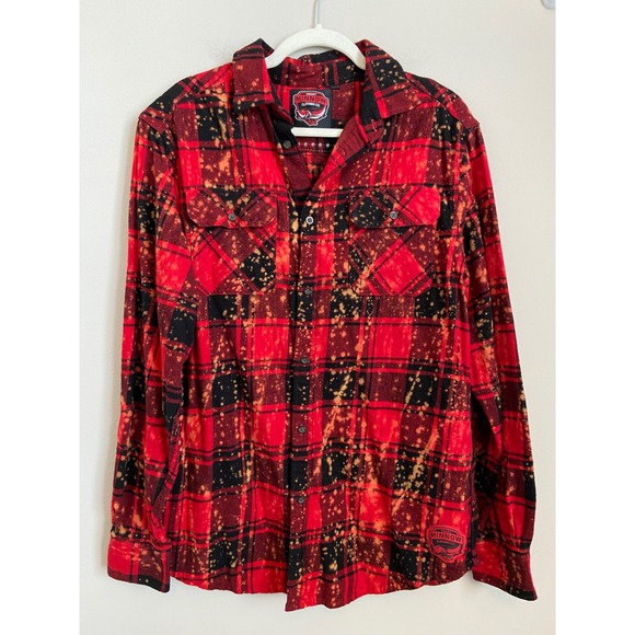 Angry Minnow Vintage Bleached Flannel Shirt Red Plaid Retro Santa Patch Large - Picture 2 of 8